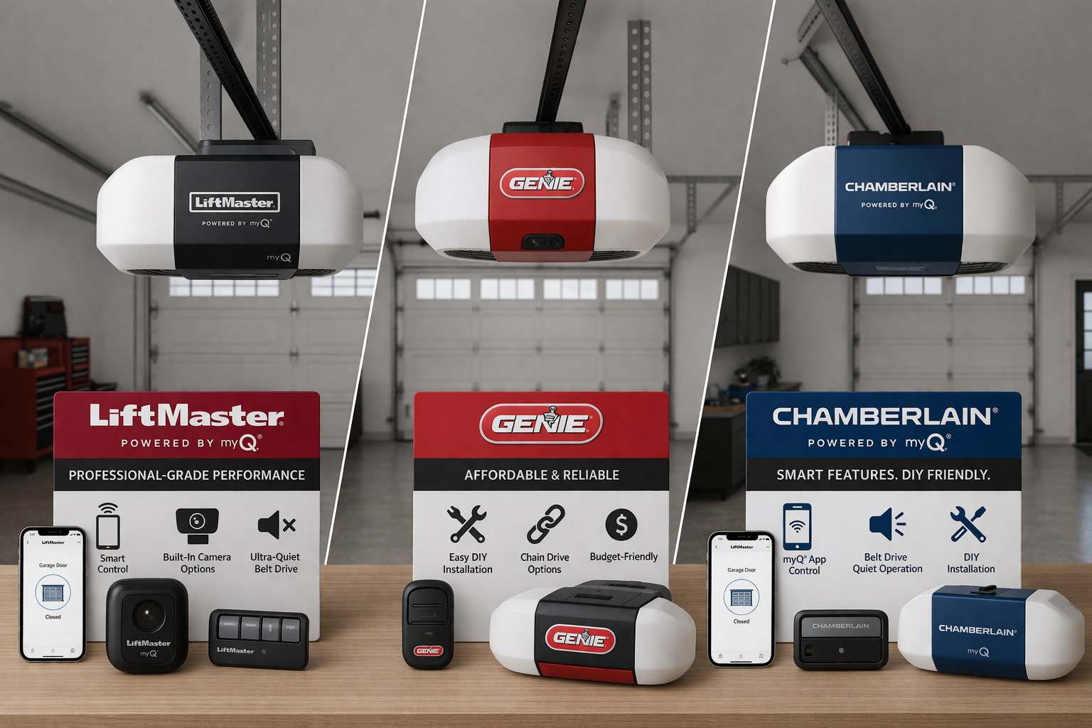 Liftmaster, Genie, and Chamberlain openers for comparison