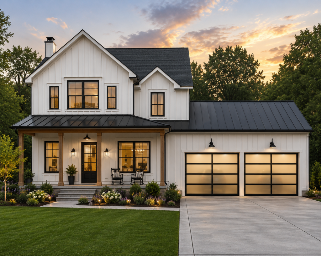 Modern farmhouse home featuring black full-view frosted glass garage doors with aluminum frames, showcasing a contemporary garage door installation that enhances curb appeal and natural light.