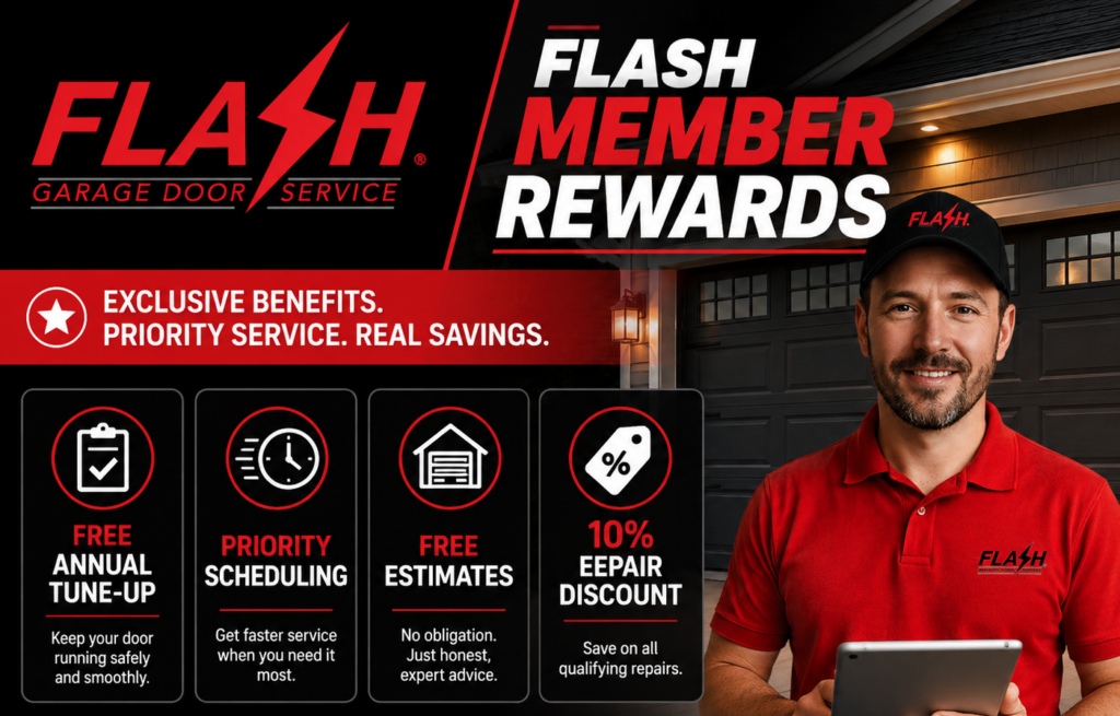 Flash Member Rewards program graphic featuring a Flash Garage Door Service technician with membership benefits including a free annual tune-up, priority scheduling, free estimates, and a 10% repair discount.