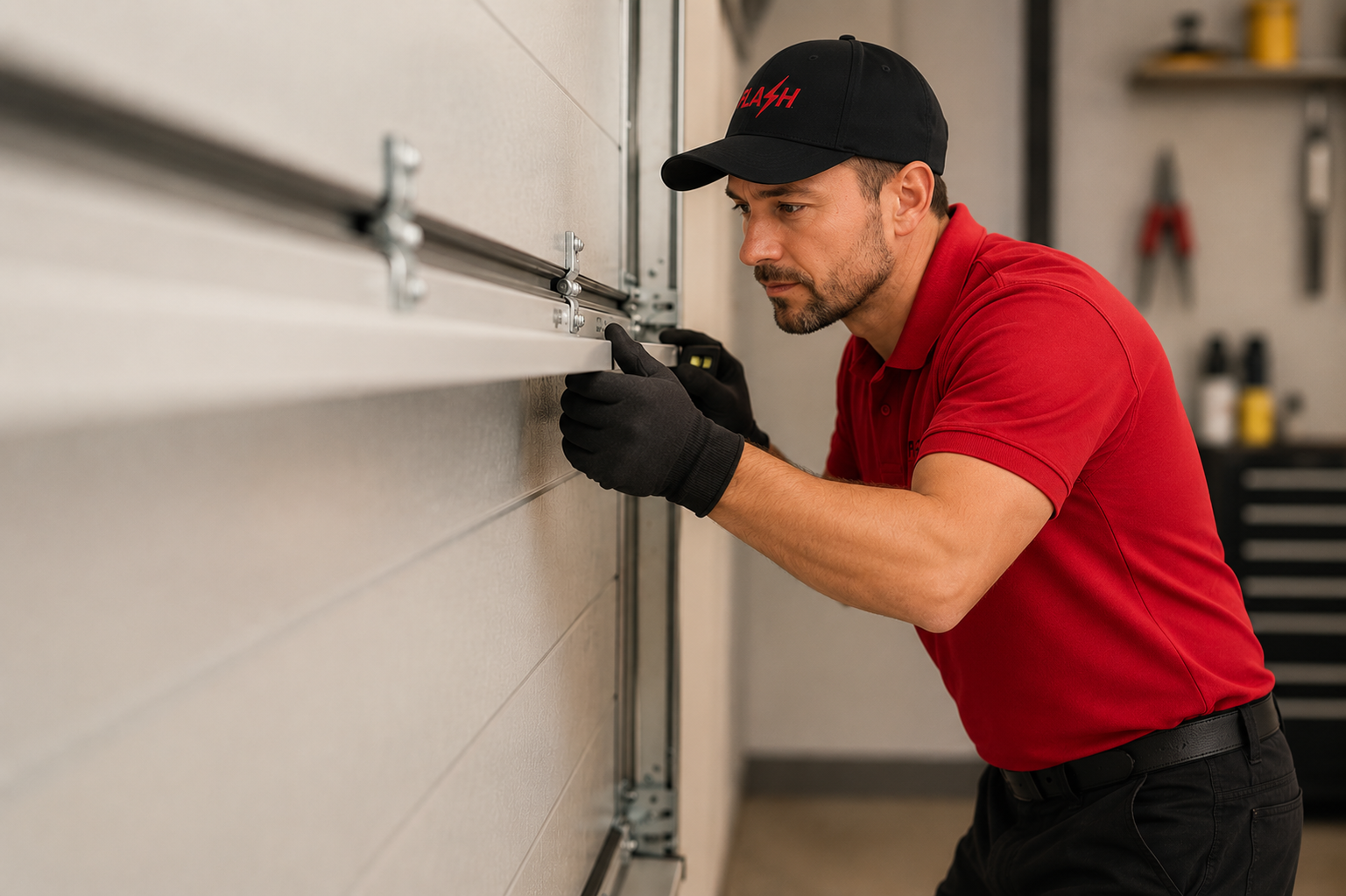Professional Garage Door Installation by Flash Garage Door Flash Garage Door technician professionally installing a residential garage door, ensuring safe operation, proper alignment, and reliable performance.