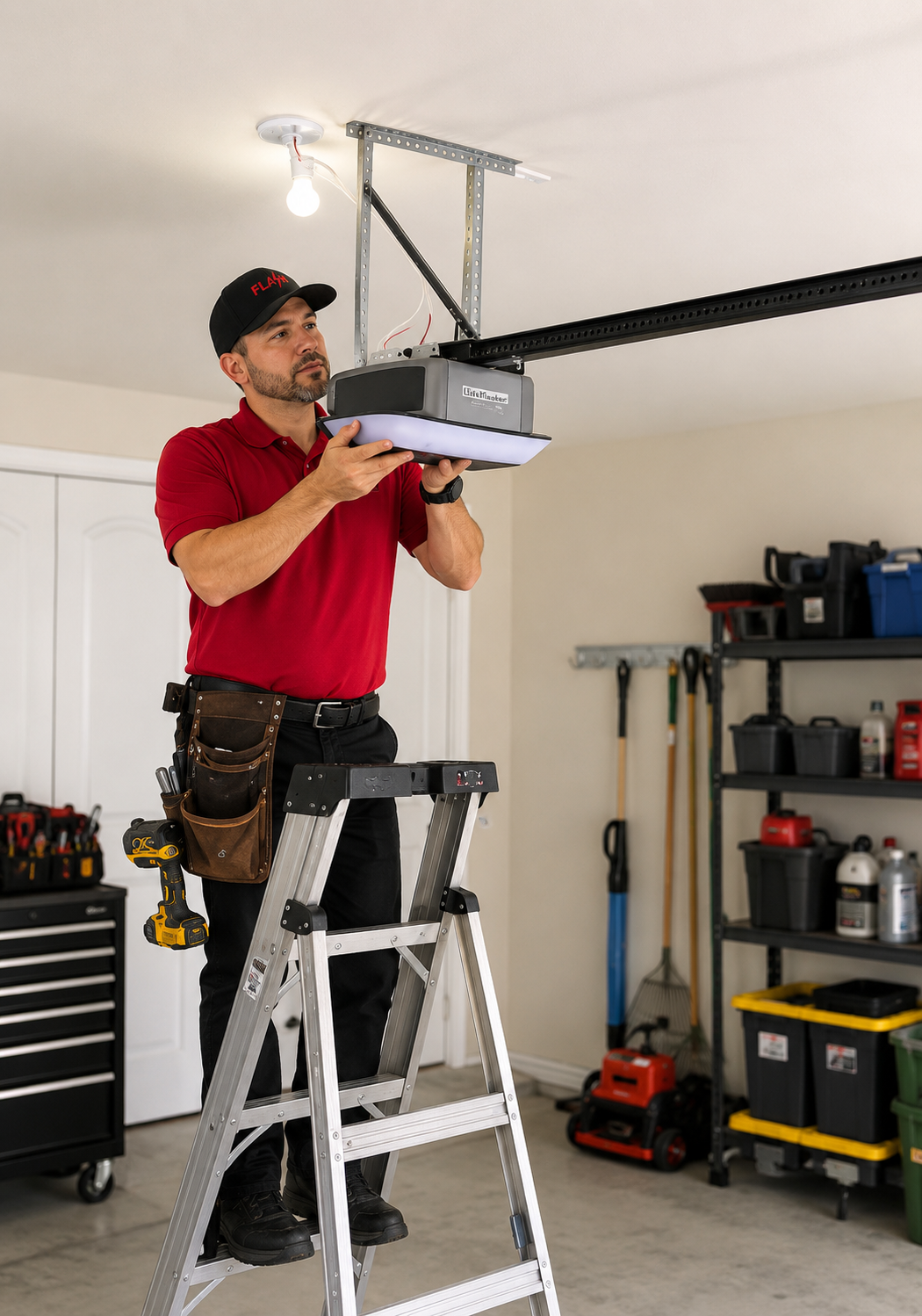 FlashTech checking garage door opener Flash Garage Door Service technician inspecting a LiftMaster garage door opener during a residential garage door opener installation and setup.