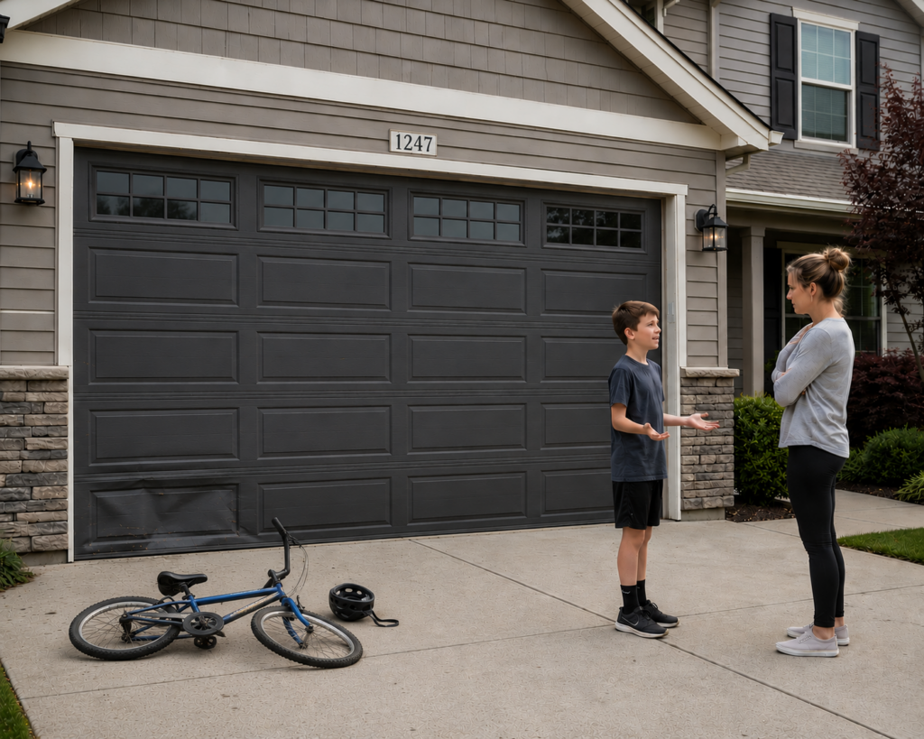 Young boy explaining damage to the bottom left corner of a garage door while his upset mother listens nearby, with a bent bicycle lying in the driveway.