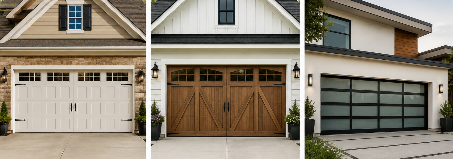 Comparison of three residential garage door styles including a traditional raised panel garage door, a carriage house garage door, and a modern full-view glass garage door to help homeowners choose the best style for their home.