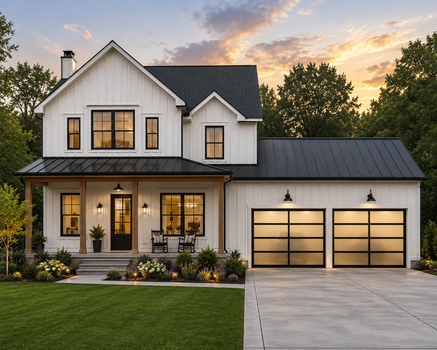 Modern farmhouse home featuring black full-view frosted glass garage doors with aluminum frames, showcasing a contemporary garage door installation that enhances curb appeal and natural light.