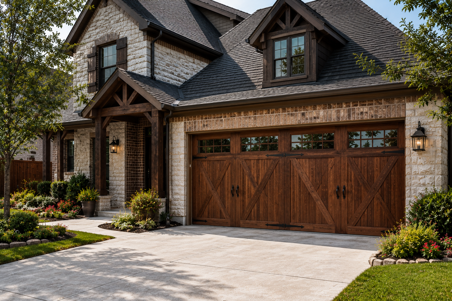 Custom Cedar Garage Door Installation on Luxury Home Luxury brick and stone home featuring a custom cedar garage door with vertical plank construction, decorative windows, and black carriage-style hardware.