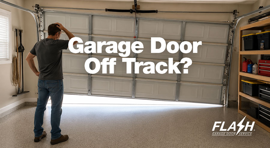 Homeowner looking at a crooked garage door that has come off track due to a cable or spring failure inside a residential garage.