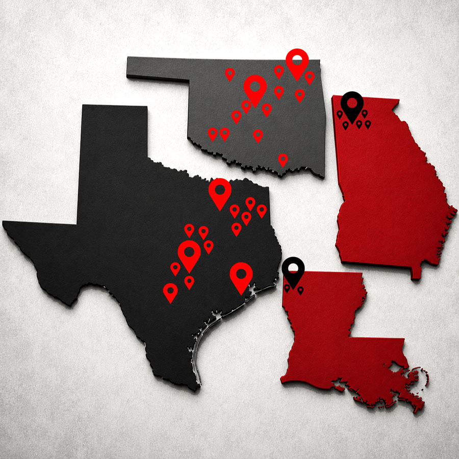 A custom residential service area map highlighting Flash Garage Door's coverage throughout Texas, Oklahoma, Louisiana, and Georgia. Red and black location pins represent the many cities and surrounding communities served by Flash, showcasing the company's expanding footprint and commitment to providing professional residential garage door repair, installation, maintenance, and 24/7 emergency service across four states.