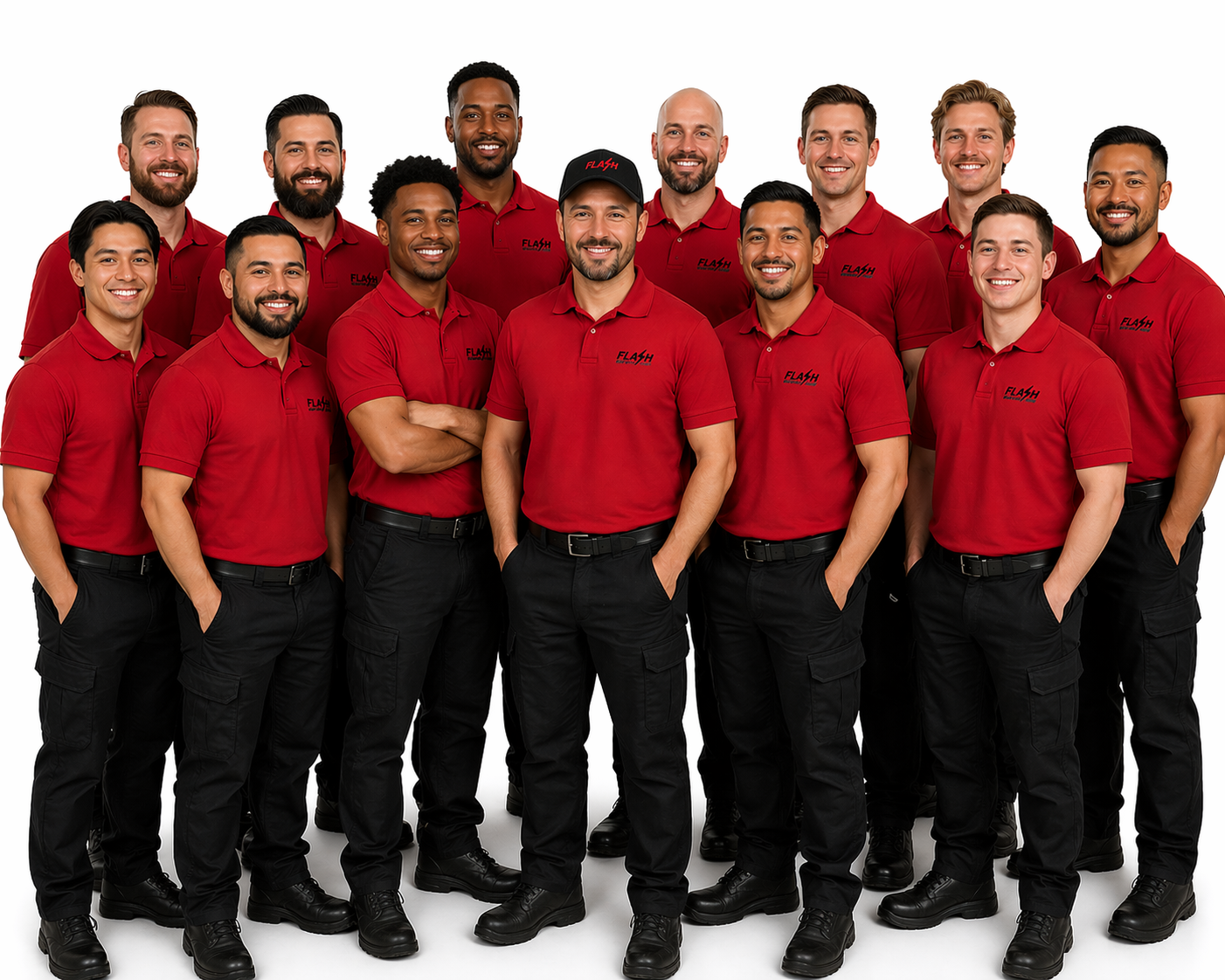 Flash Garage Door's team of professional garage door technicians wearing company uniforms, providing expert garage door installation, repair, and maintenance services throughout Texas, Oklahoma, Louisiana, and Georgia.