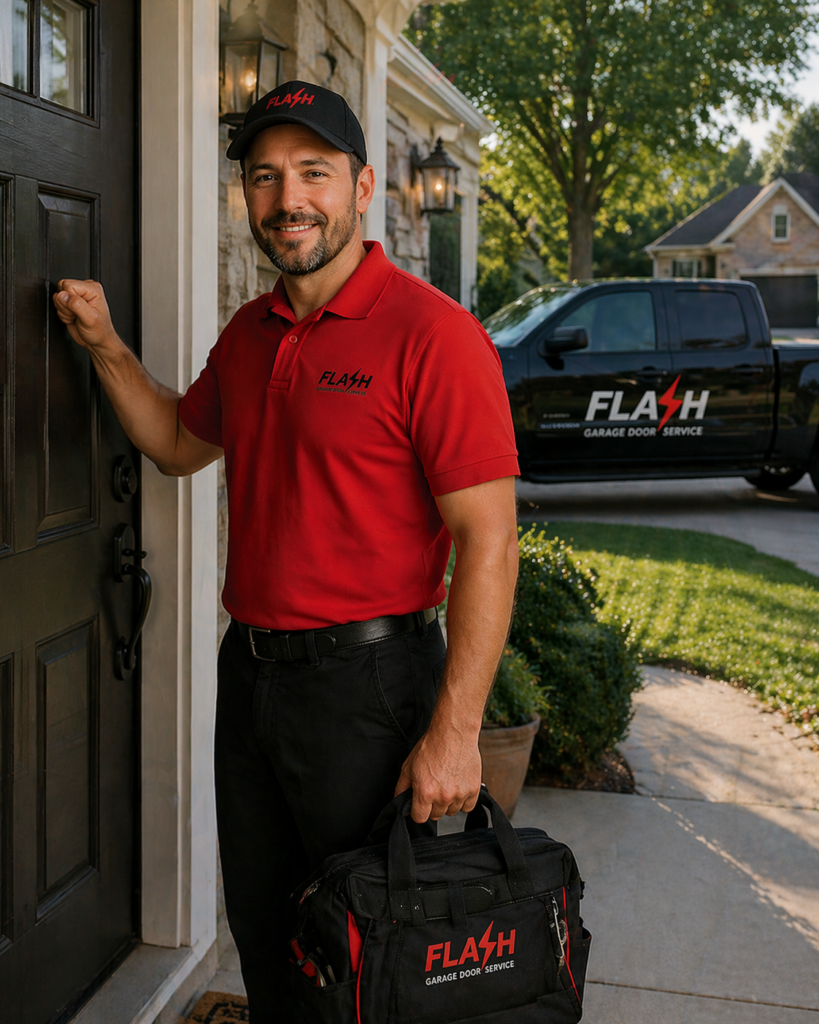 Flash Garage Door technician knocking on a homeowner's front door before a scheduled garage door repair with a branded service truck parked in the driveway.