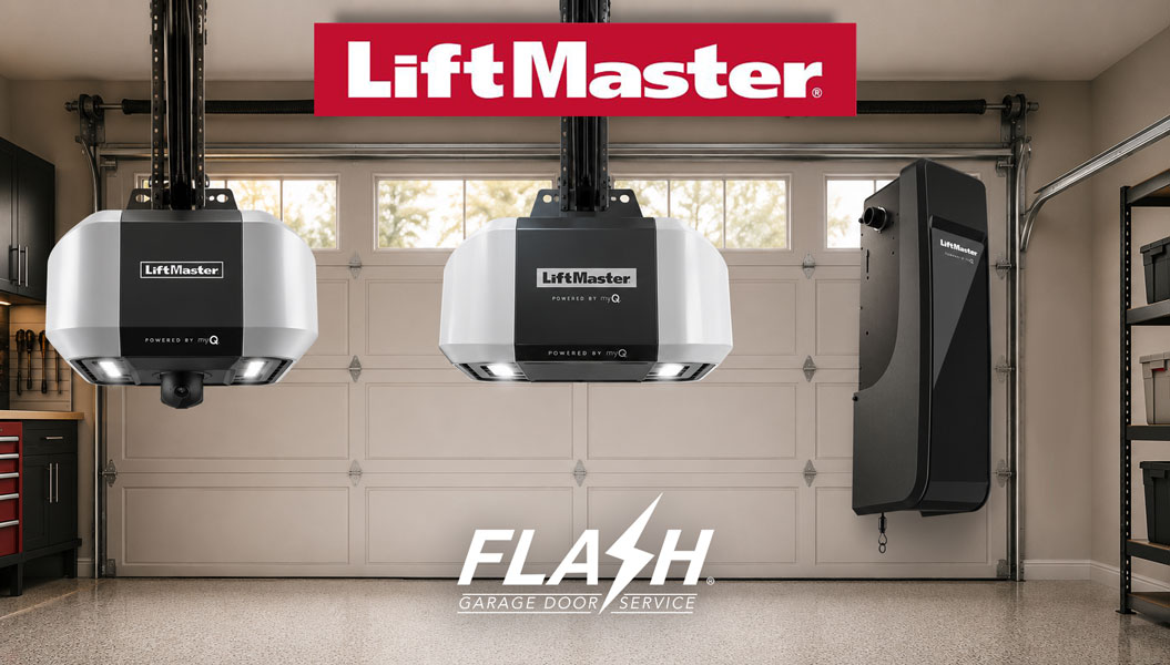 Three LiftMaster garage door openers including chain drive, belt drive, and wall-mount models displayed inside a modern residential garage with the garage door closed.