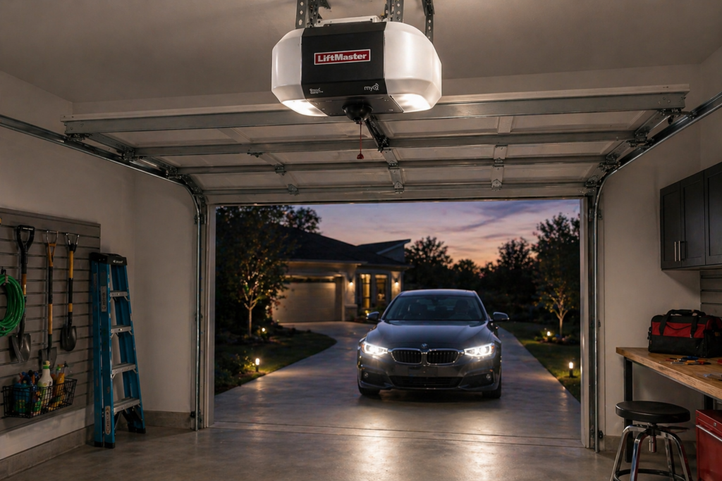 LiftMaster garage door opener opening a residential garage as a car pulls into the driveway at dusk.