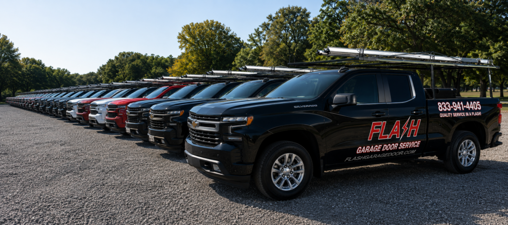 Fleet of Flash Garage Door service trucks ready to provide garage door repair, maintenance, and installation services across Texas, Oklahoma, Louisiana, and Georgia.