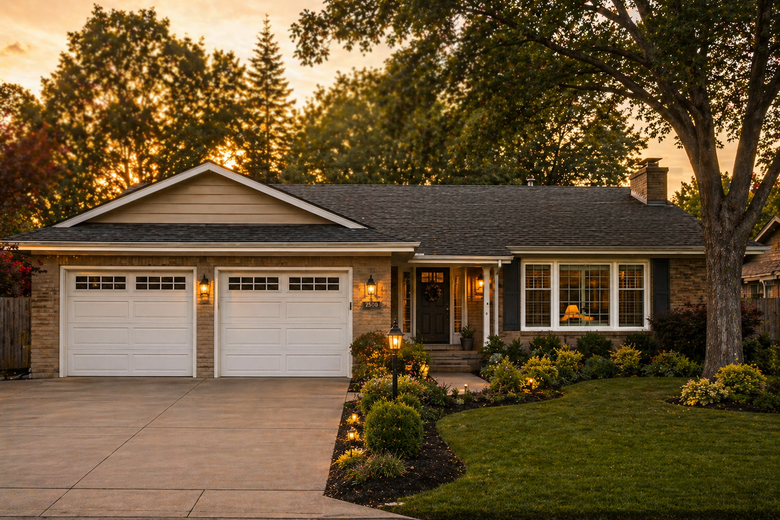Beautiful brick home featuring white insulated raised panel garage doors with decorative windows, showcasing how a new garage door enhances curb appeal and increases home value.