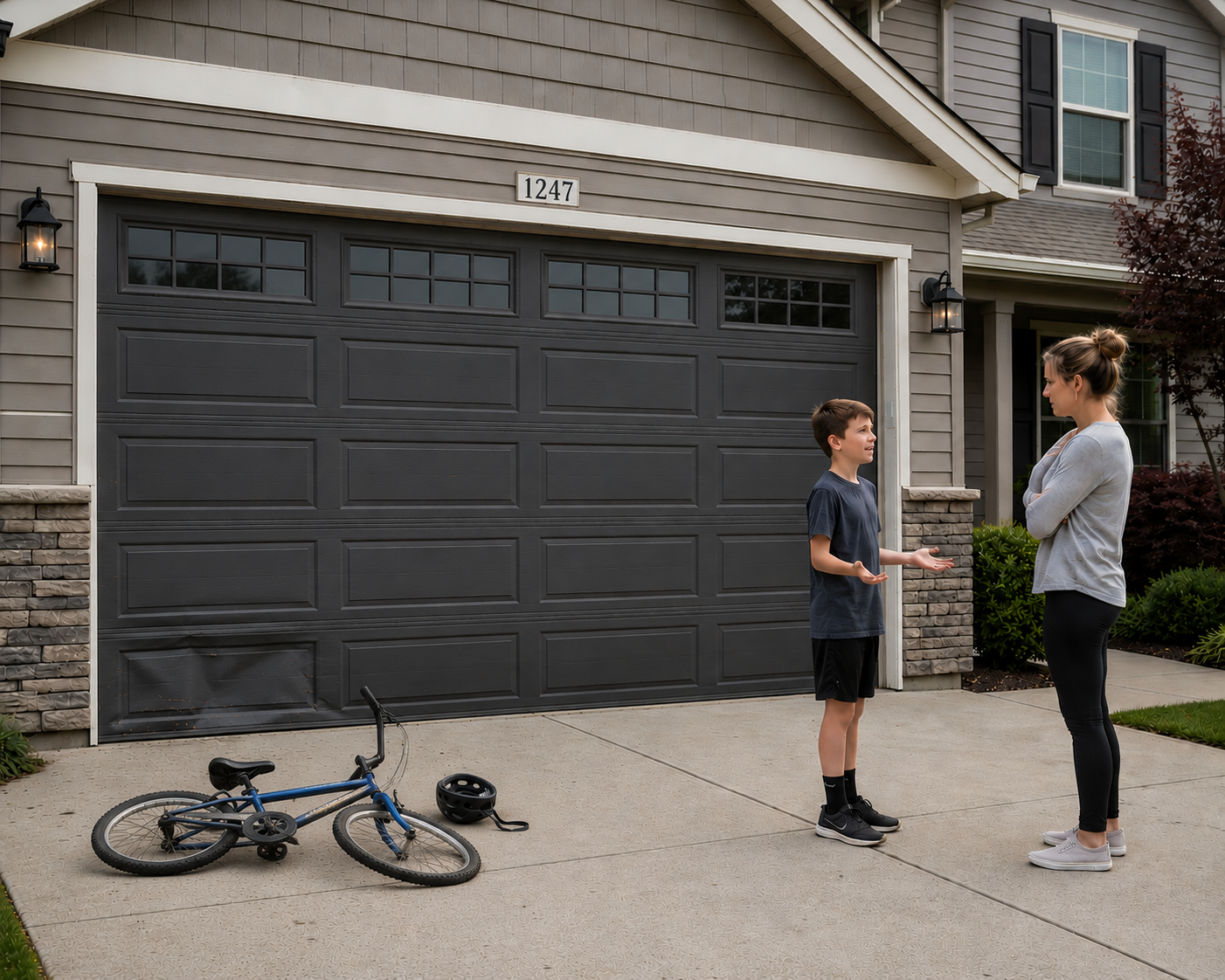 Young boy explaining damage to the bottom left corner of a garage door while his upset mother listens nearby, with a bent bicycle lying in the driveway.