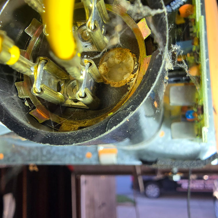 Corroded capacitor inside a LiftMaster garage door opener before replacement in Oklahoma City, OK